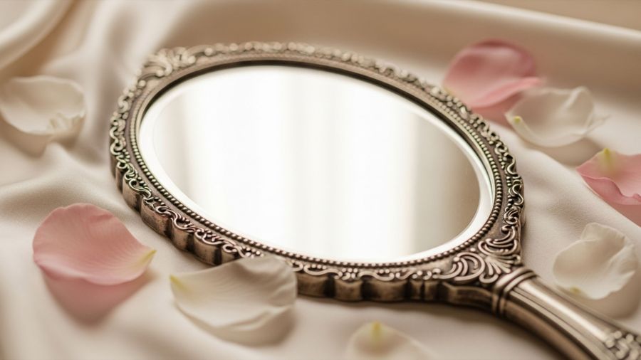Miroir à main sur tissu rose poudré doux avec des pétales éparpillés, symbolisant la réflexion et la retenue dans l'esthétique intime