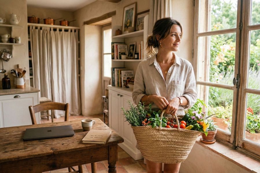 Une femme moderne conciliant famille et vie domestique dans un cadre serein, illustrant le changement de mode de vie en 2026.
