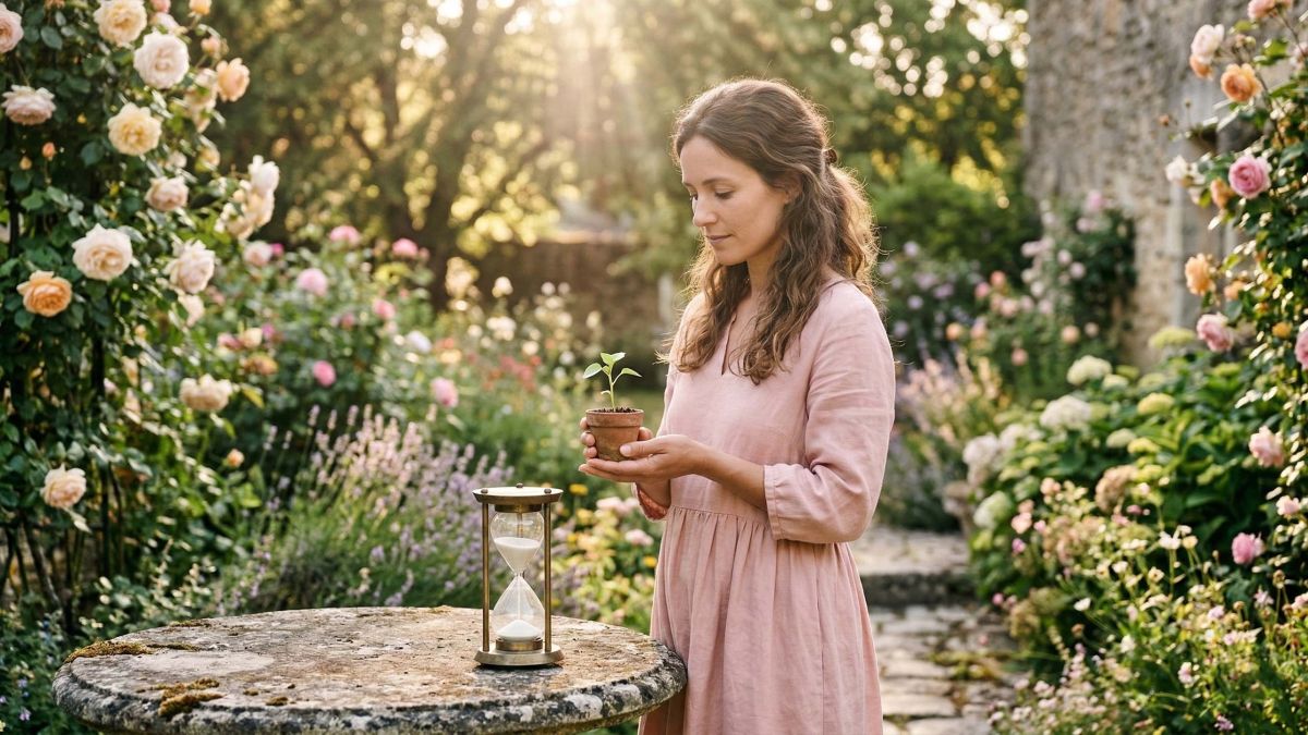 Une femme moderne réfléchissant aux saisons naturelles de la vie et de la fertilité.
