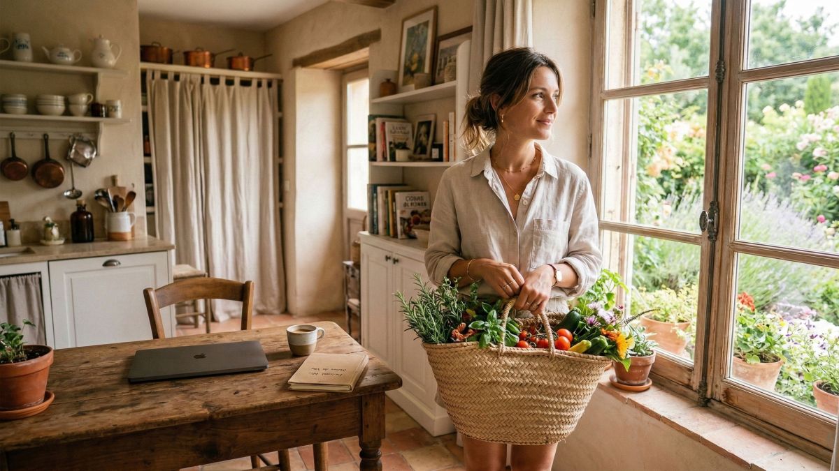 Une femme moderne conciliant famille et vie domestique dans un cadre serein, illustrant le changement de mode de vie en 2026.
