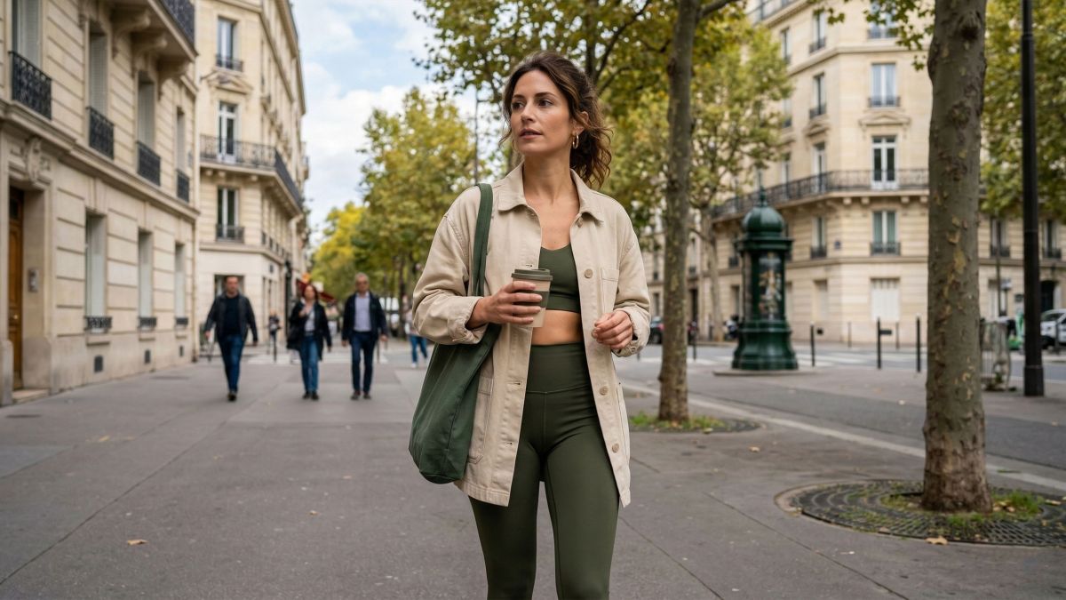 Une femme élégante marche sur un trottoir urbain portant une tenue activewear vert olive et une veste beige.