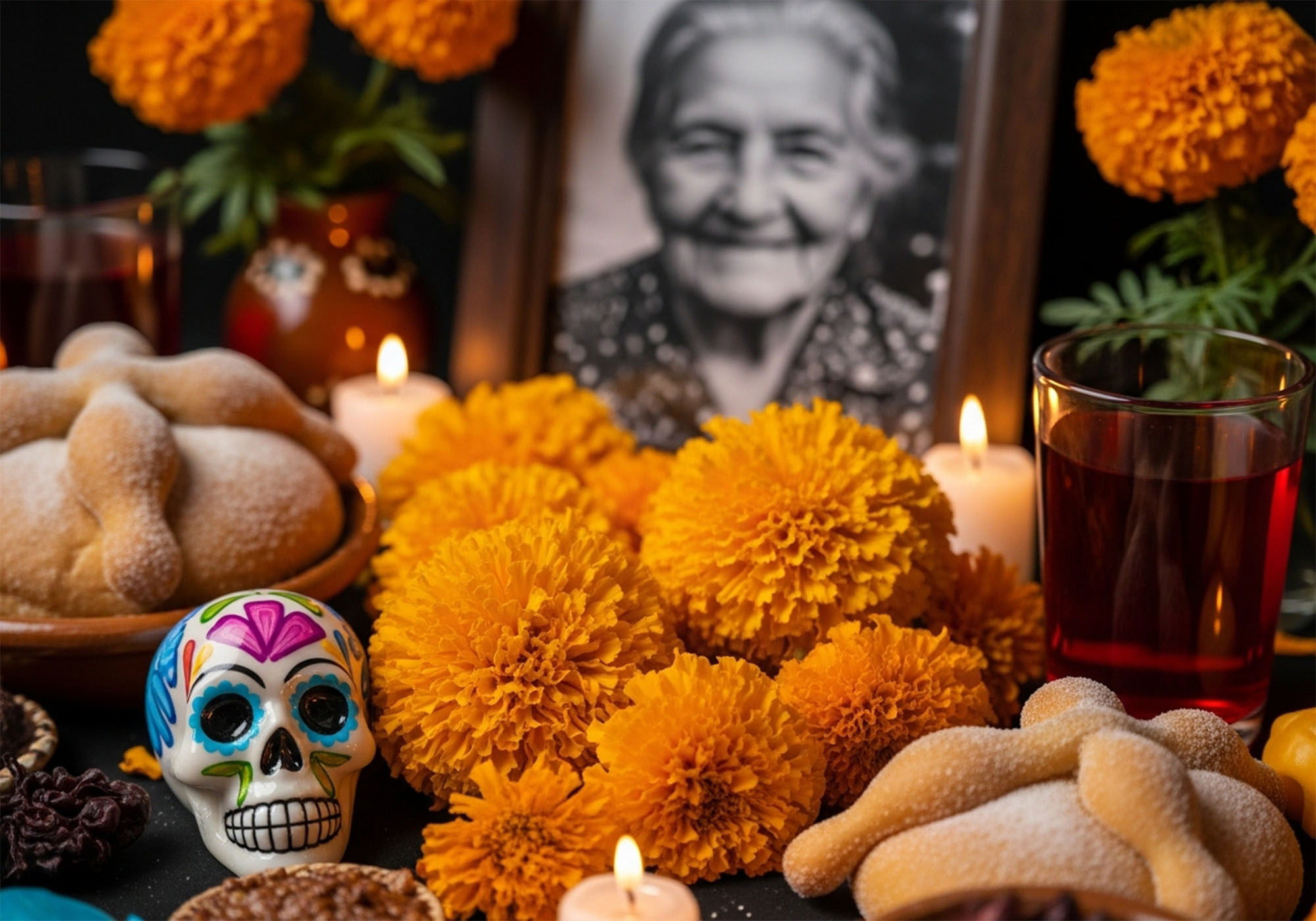 Primer plano de una ofrenda del Día de Muertos con cempasúchiles, velas y pan de muerto