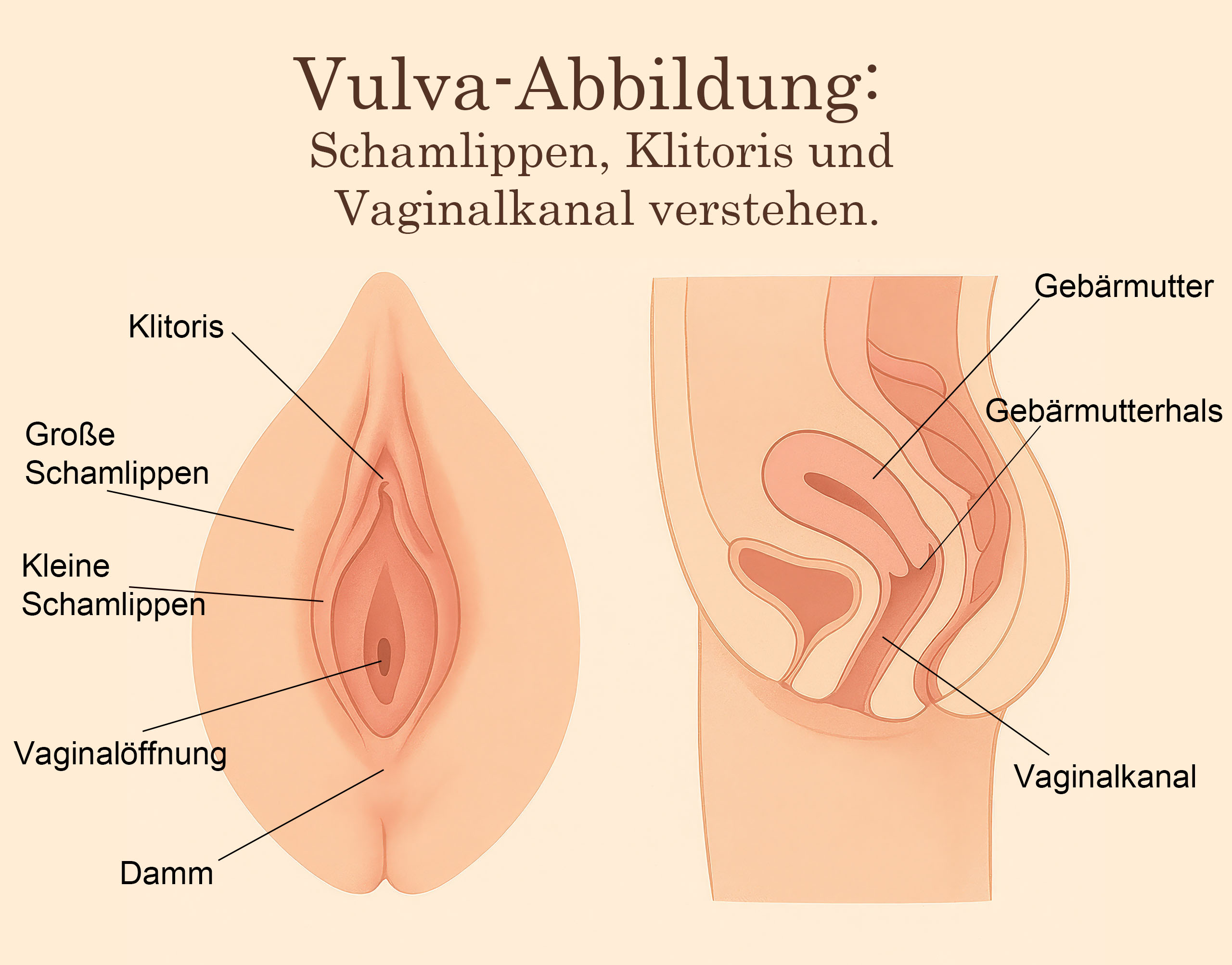 Beschriftete anatomische Abbildung der äußeren Vulva, einschließlich Schamlippen und Klitoris, sowie eines Querschnitts des inneren Vaginalkanals und der Gebärmutter zur Aufklärung über die weibliche Genitalanatomie.