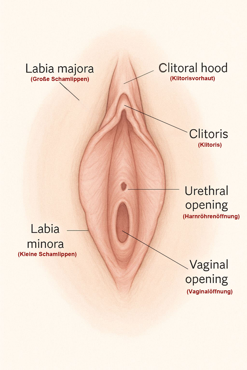 Anatomische Darstellung der äußeren Vulva, einschließlich der Schamlippen, der Klitorisregion, der Harnröhrenöffnung und der Vaginalöffnung. Diese Abbildung unterstützt das Verständnis für die richtige äußere Intimpflege.
