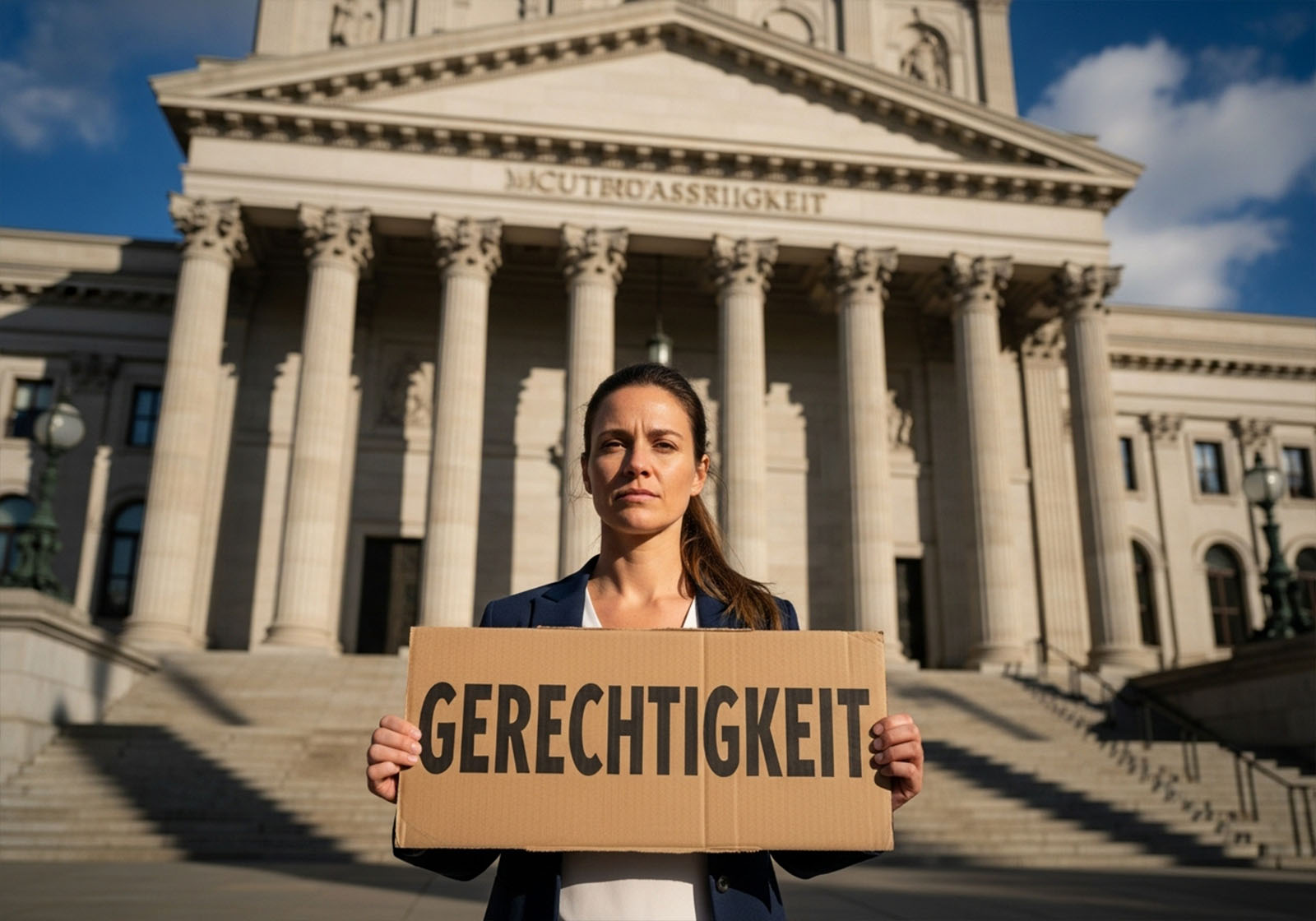 Frau vor einem Gerichtsgebäude liest einen Sicherheitsbericht