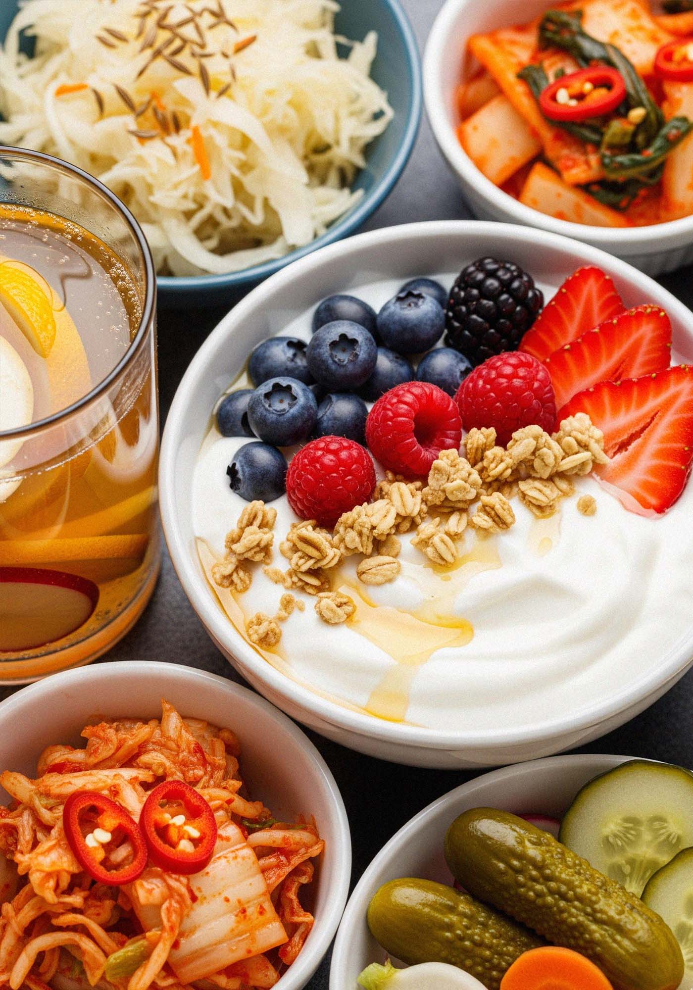 Probiotikareiche Lebensmittel wie Joghurt und fermentierte Produkte