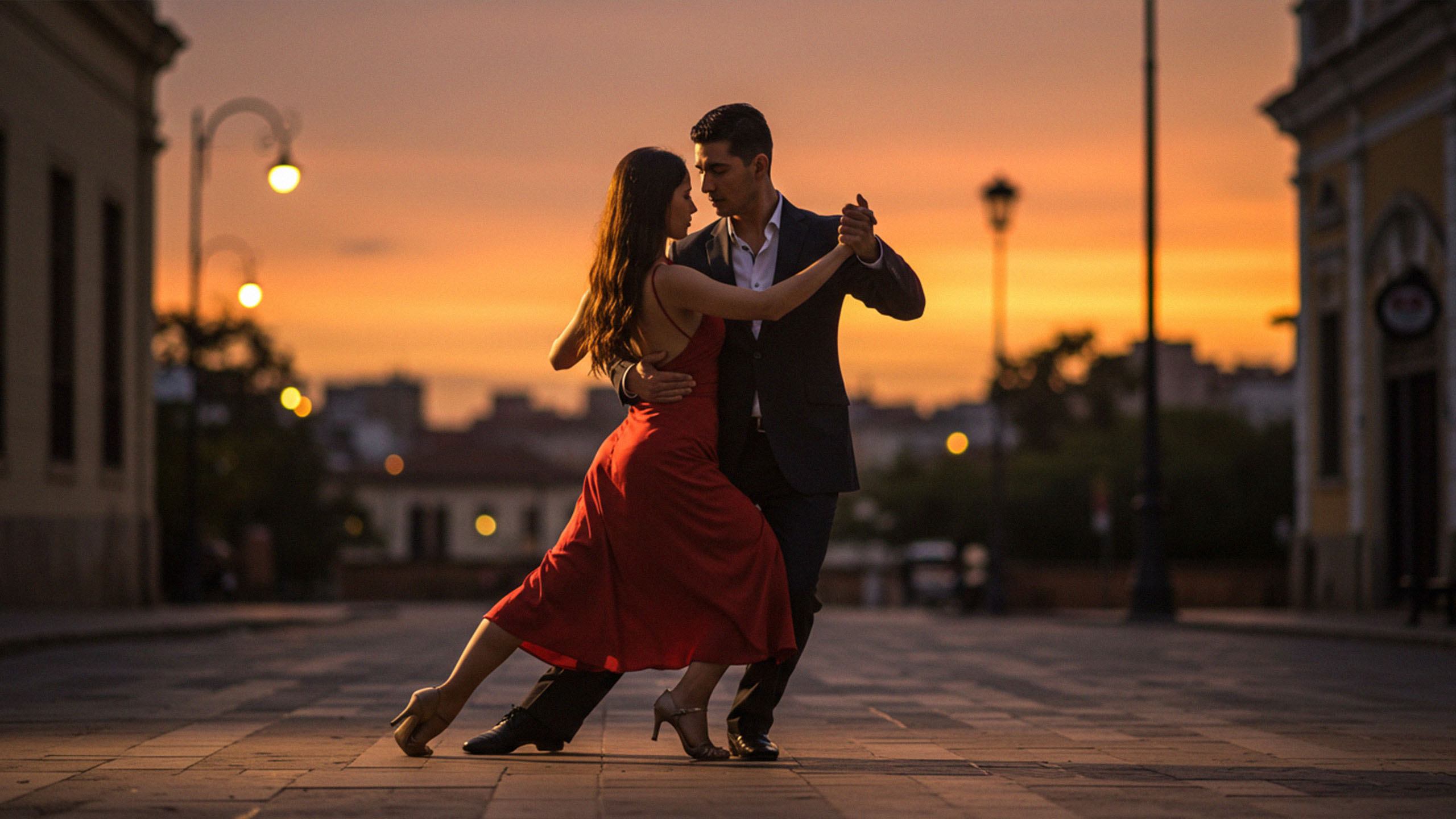 S&uuml;damerikanisches Paar tanzt Tango bei Sonnenuntergang