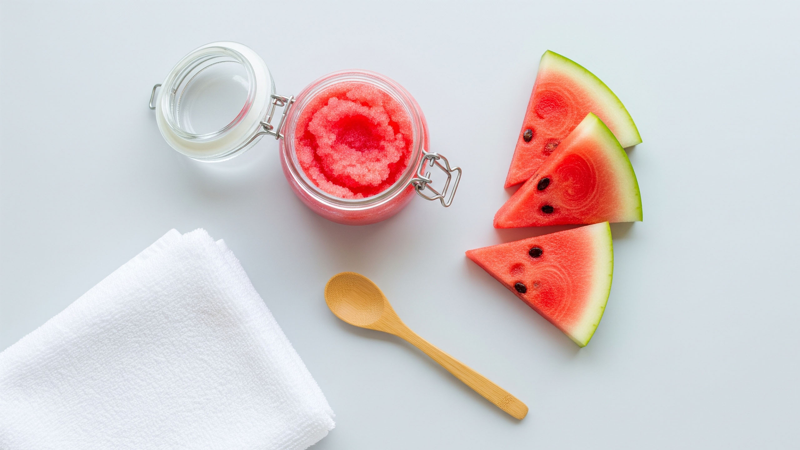 Glas mit rosa Wassermelonen-Zuckerpeeling neben frischen Wassermelonenscheiben und Holzl&ouml;ffel auf hellem Hintergrund.