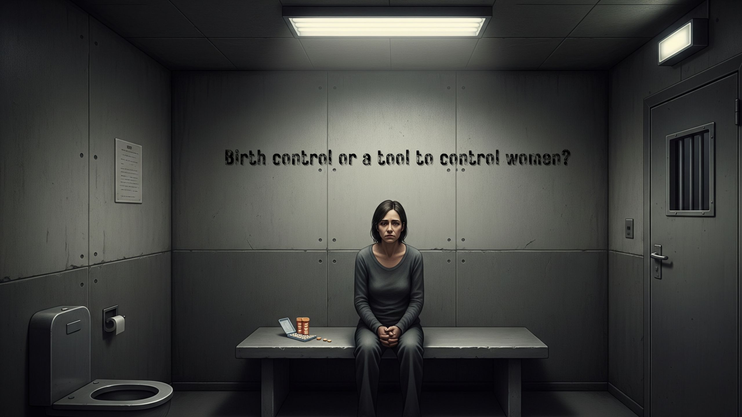 Woman holding birth control pills with split imagery of empowerment and control.