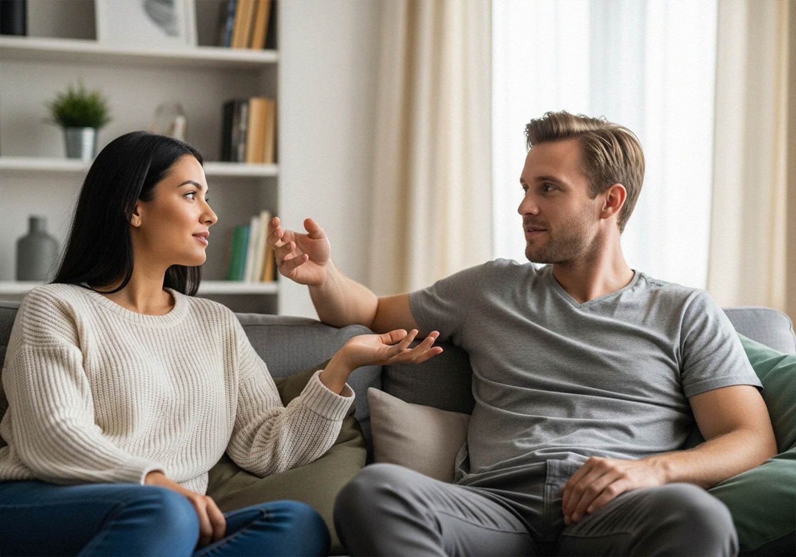 Mujer y hombre sentados en un sofá teniendo una conversación abierta y tranquila sobre límites sexuales