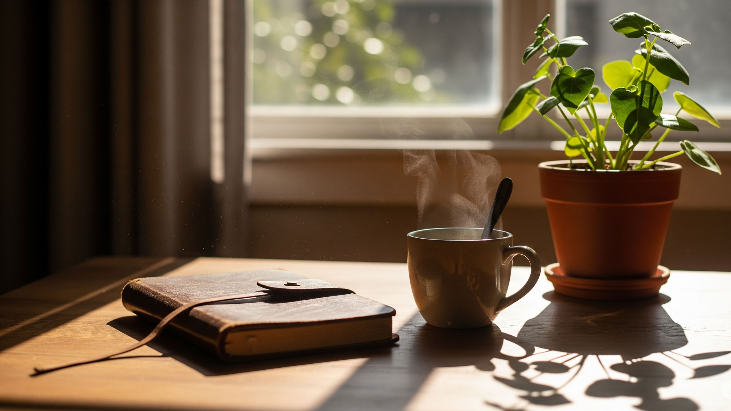 A peaceful morning setting with a journal, tea, and natural light symbolizing emotional balance