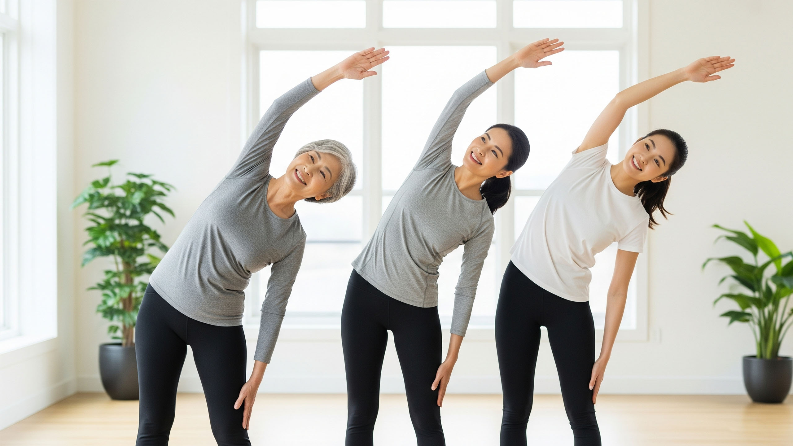 Three women of different ages&mdash;a young adult, a middle-aged woman, and a senior&mdash;performing a gentle stretching exercise together.