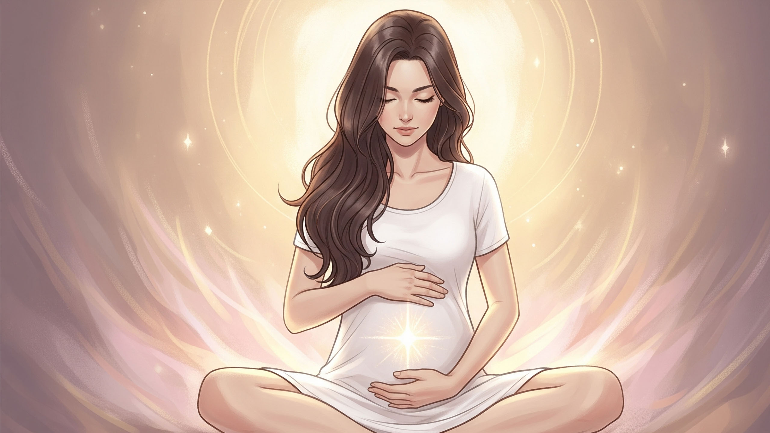 A serene woman in meditation with her hands on her lower belly, symbolizing womb connection and feminine power.
