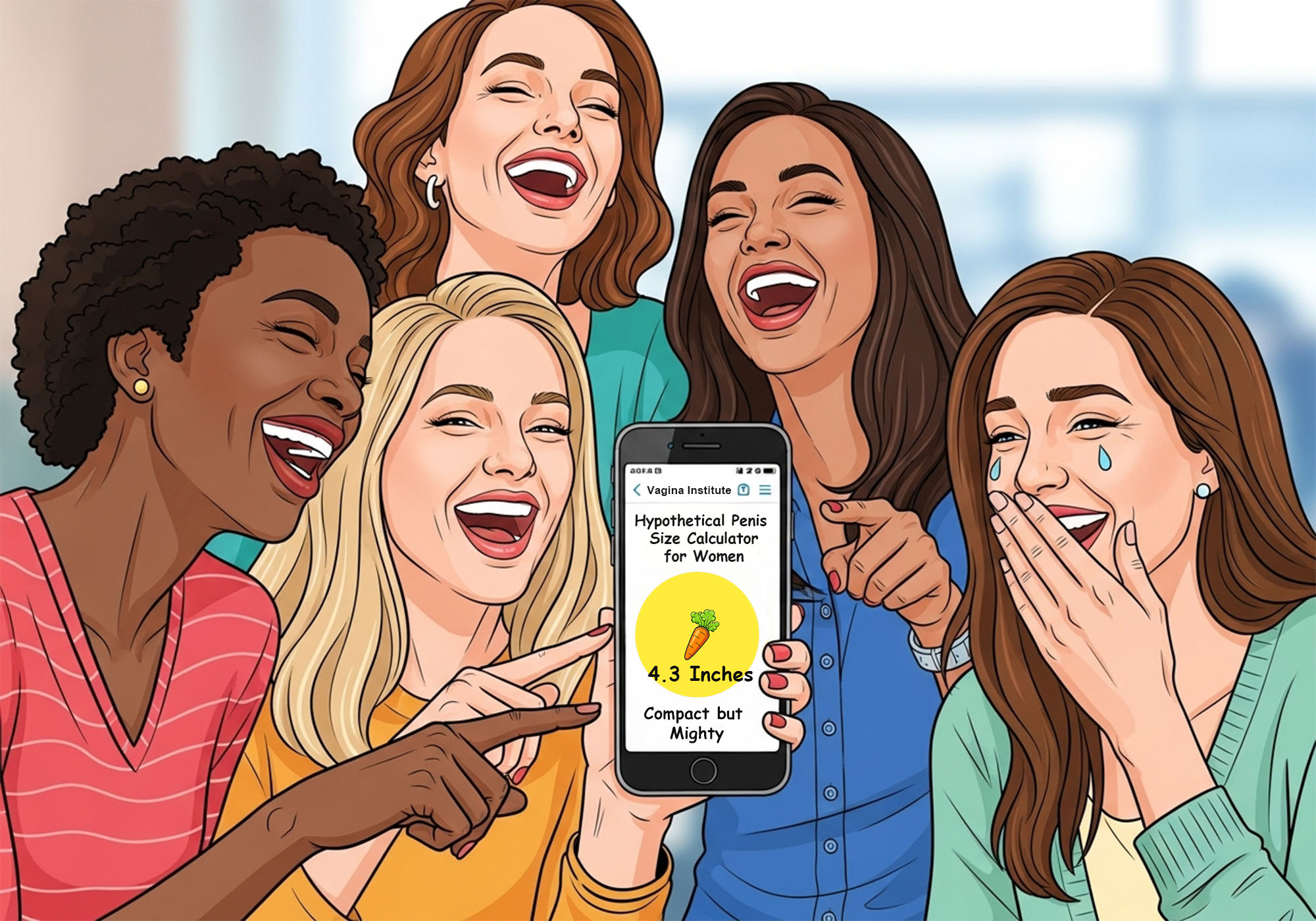 Group of women laughing together while checking a playful size calculator on a phone