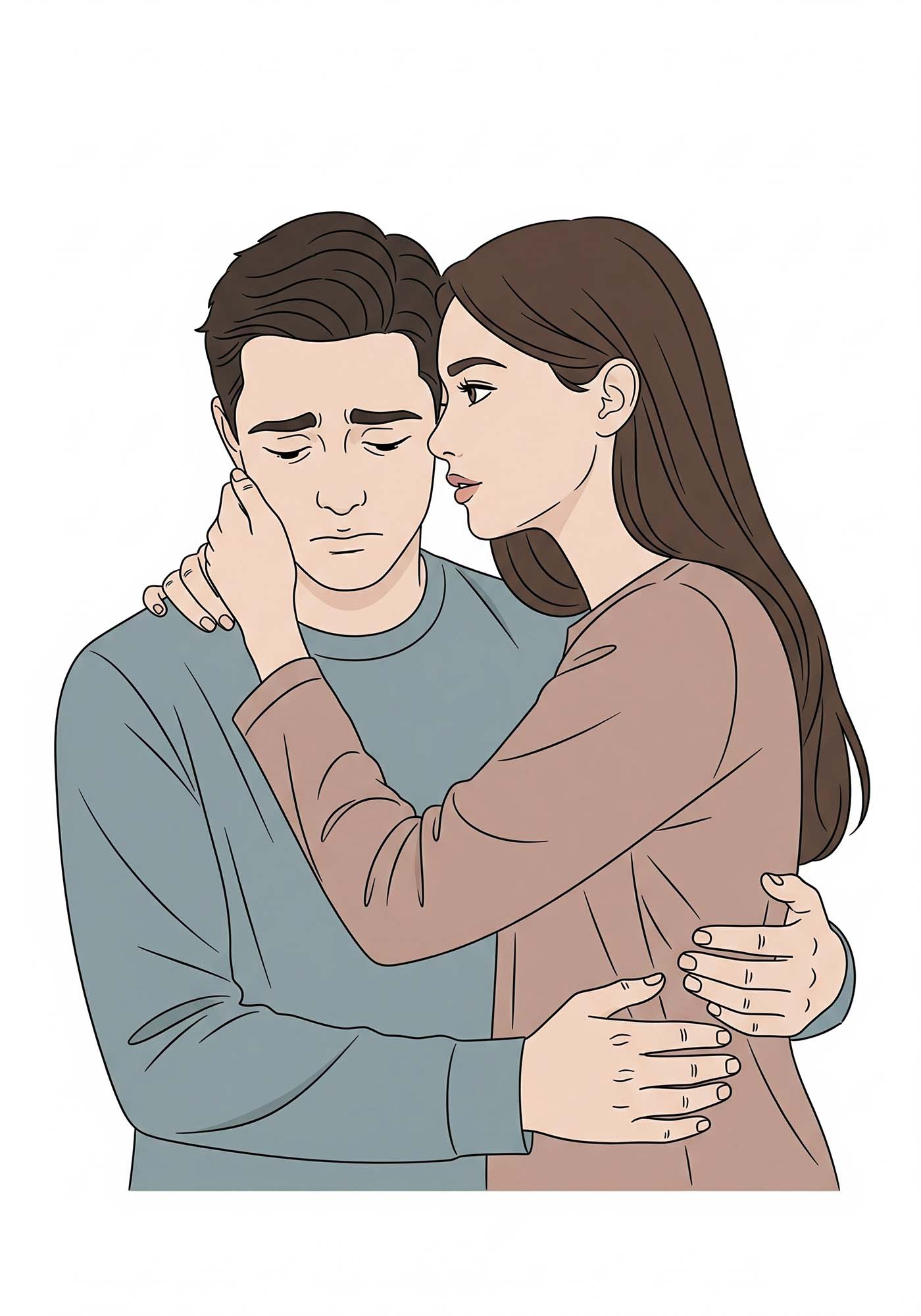 An Intimate couple hugging, the man is obsessed with his small penis size