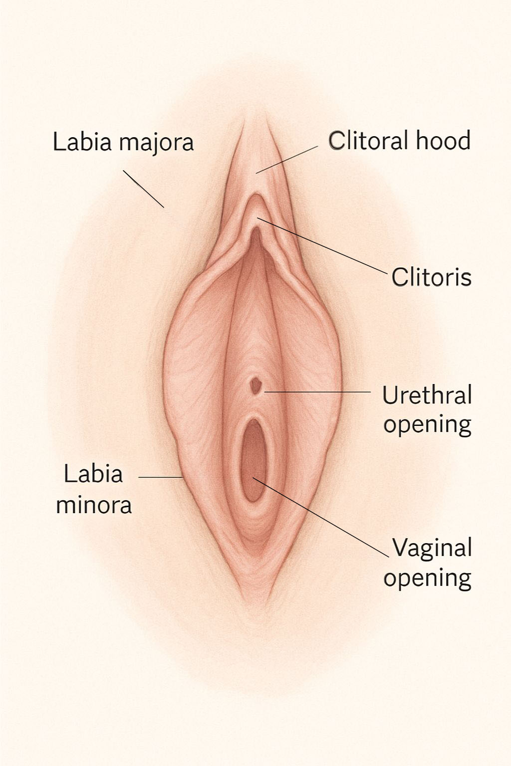 Simple diagram of the external vulva with labels for labia, clitoris, urethra, and vaginal opening