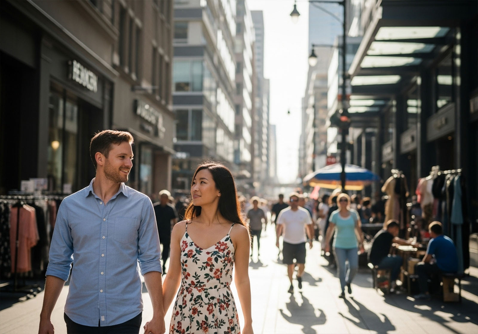 Couple from different cultural backgrounds walking together in a city