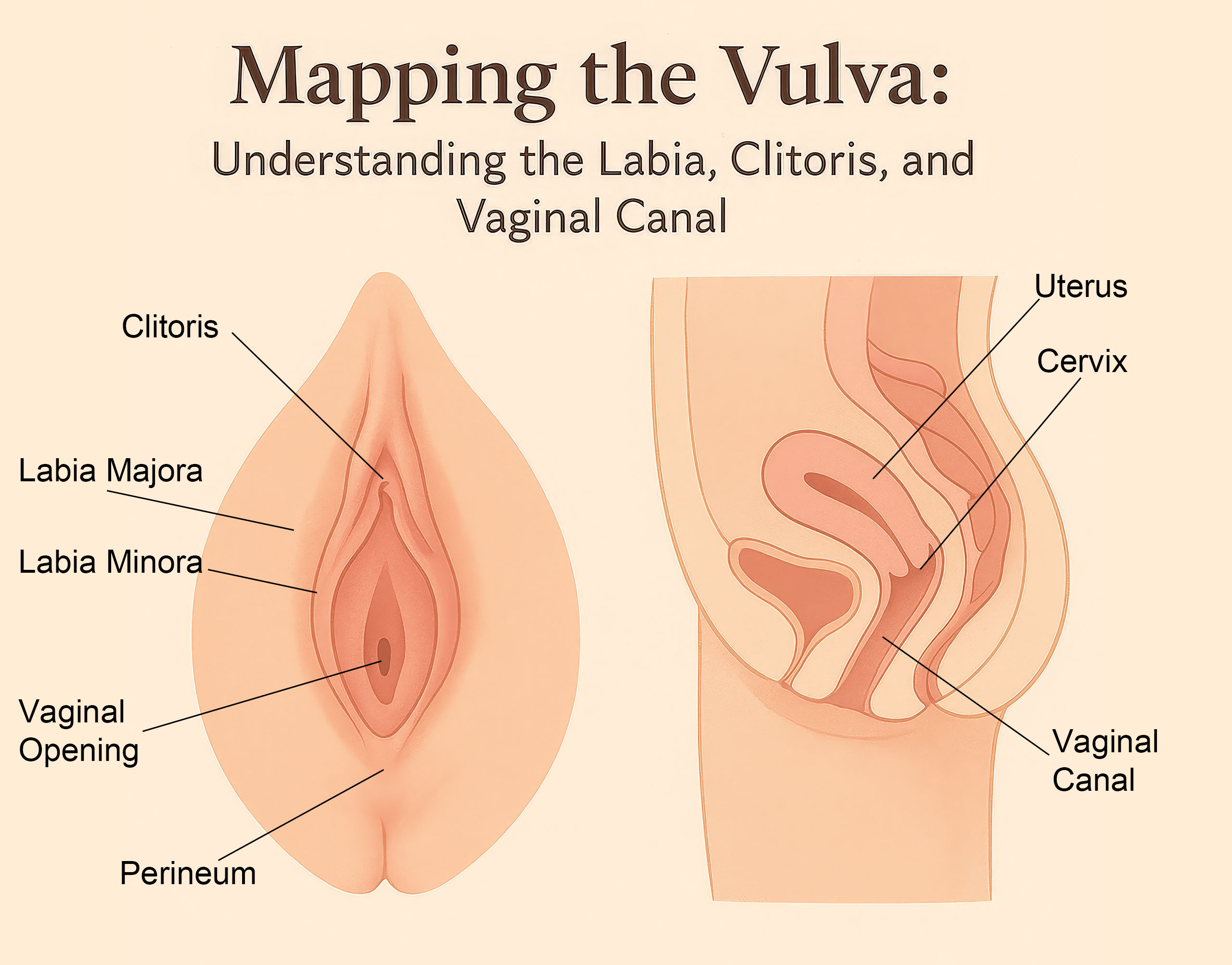 Labeled anatomical illustration showing the external vulva, including labia and clitoris, and a cross-section of the internal vaginal canal and uterus, designed to educate on the female genital anatomy.