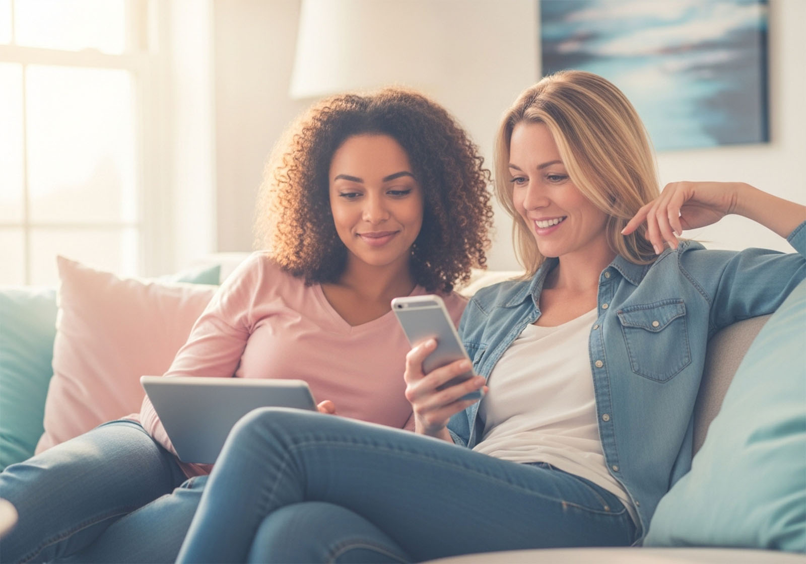Femmes regardant des téléphones, représentant l'influence des médias et la réflexion numérique.