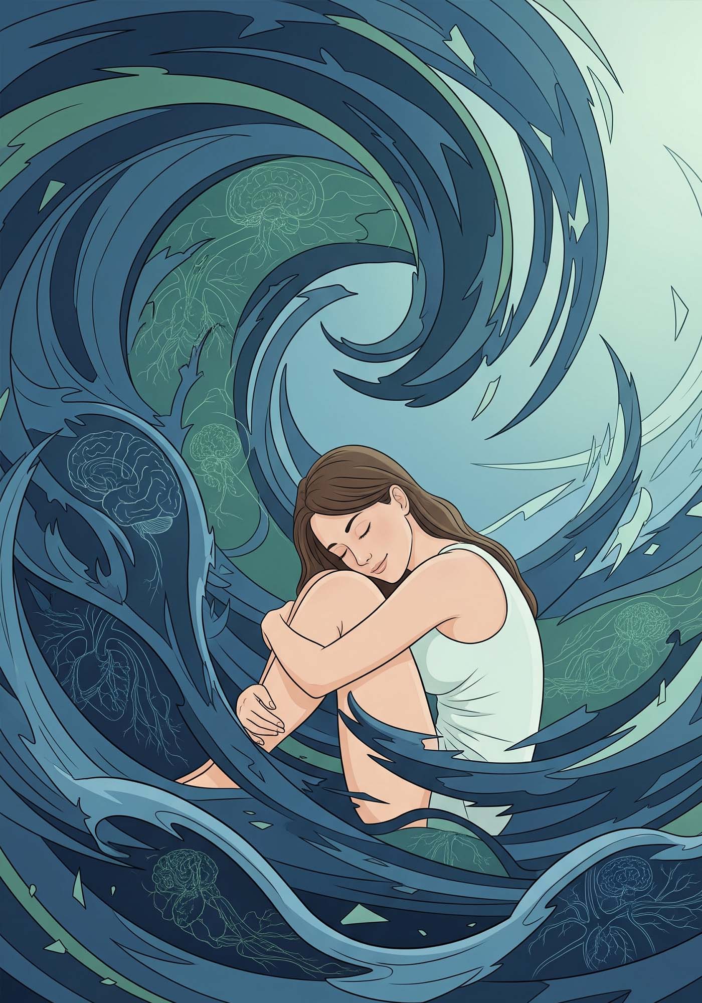 A serene illustration of a woman in a relaxed pose amid abstract waves representing stress.