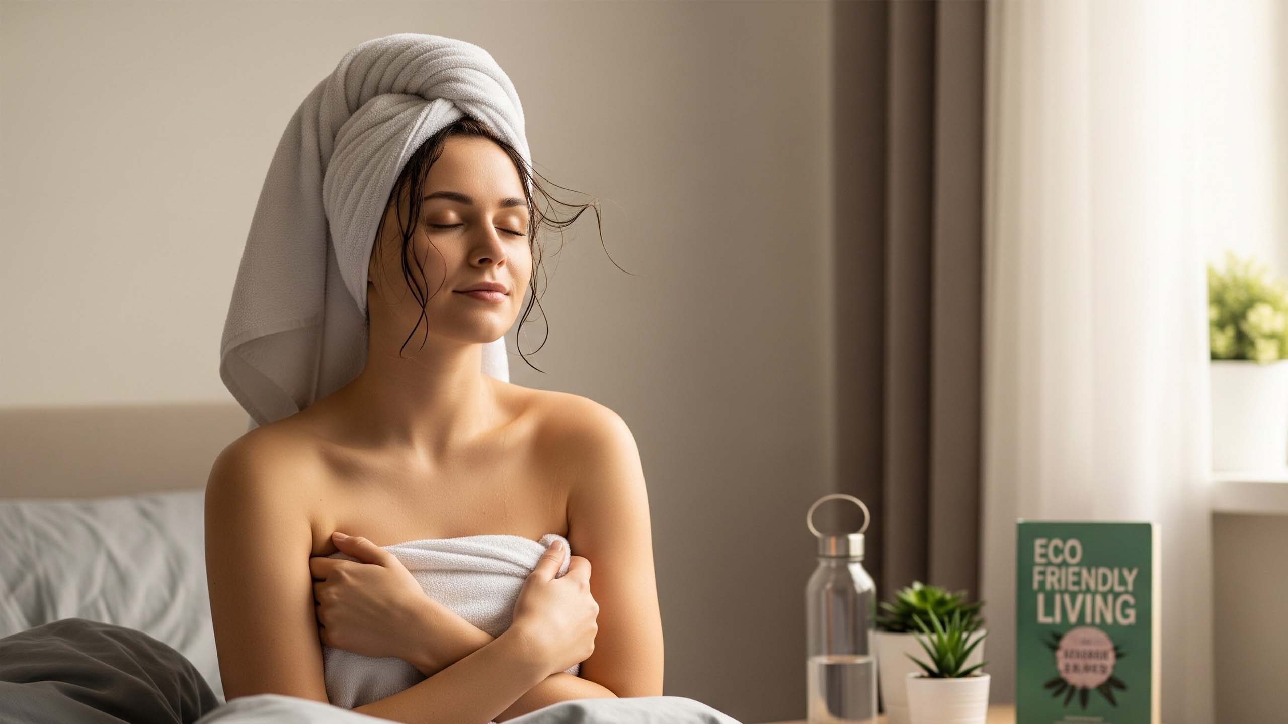 Young woman relaxing in a towel after a shower, reflecting on sustainable habits