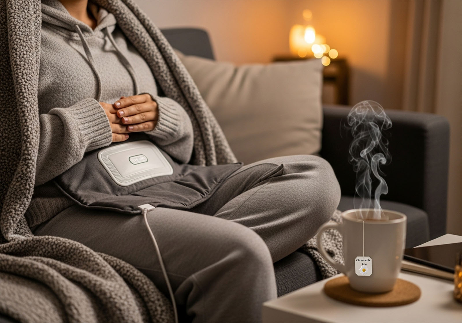 A collection of period essentials including a heating pad, comfortable clothing, and tea