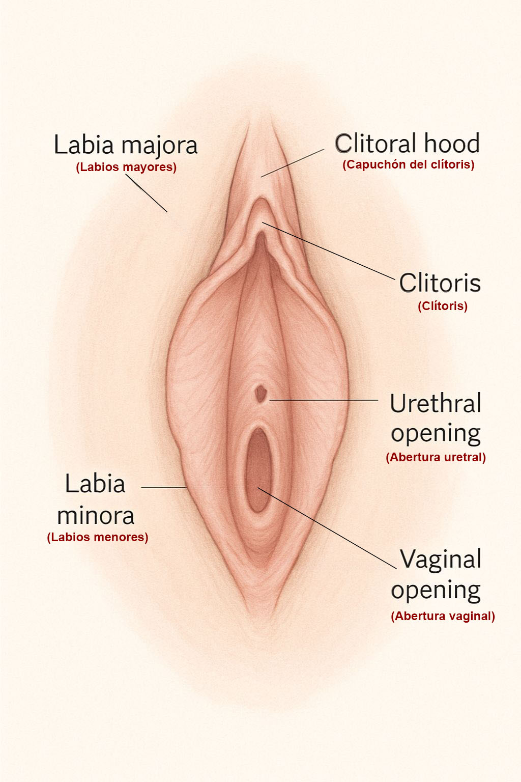 Ilustración anatómica de la vulva externa, incluyendo los labios, la zona del clítoris, el orificio uretral y la abertura vaginal. Esta imagen sirve de apoyo para comprender las zonas implicadas en una higiene íntima adecuada.