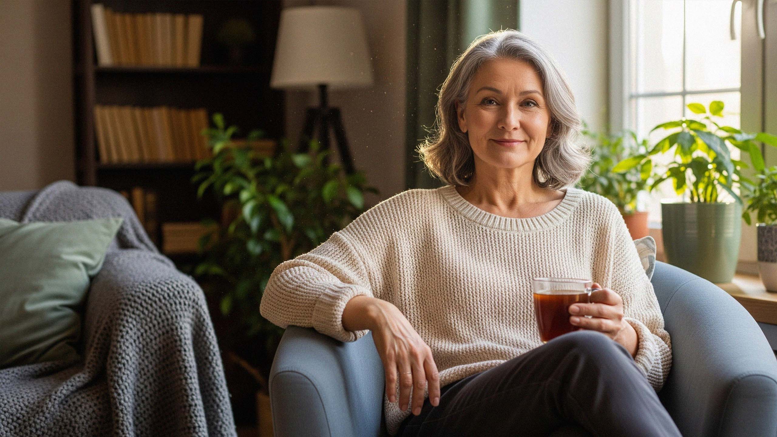Mujer madura aceptando los cambios de la menopausia con confianza