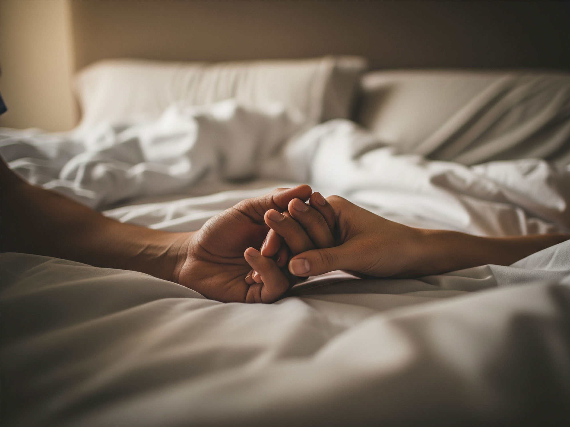 Primer plano de las manos de una pareja uniéndose en la cama