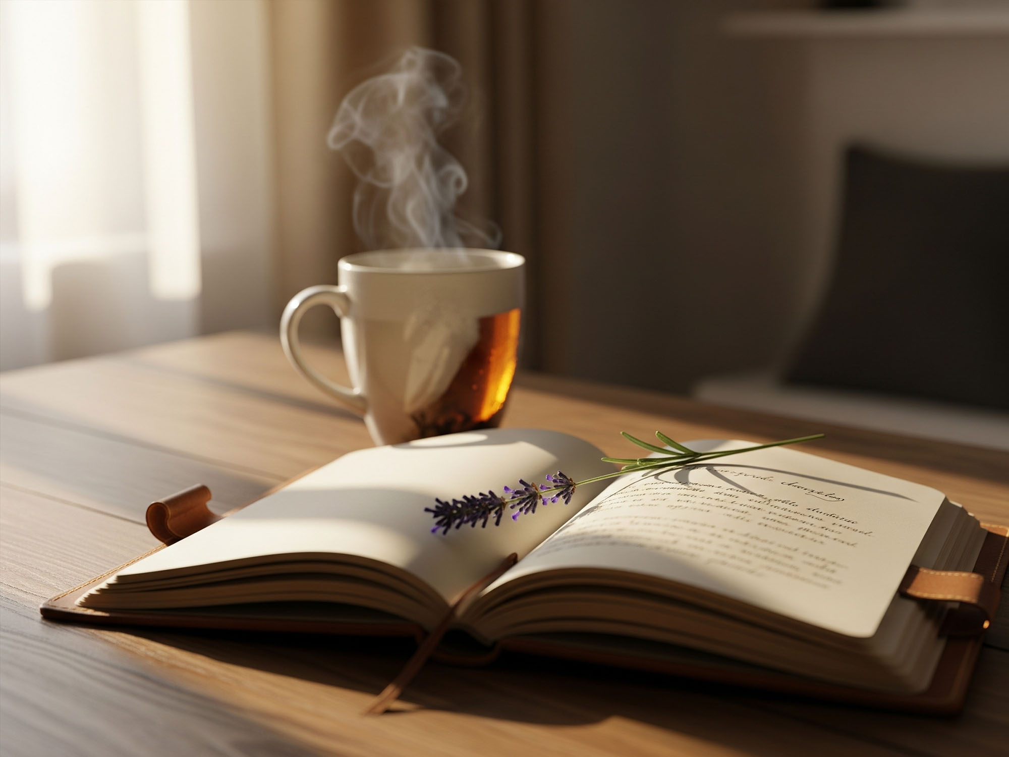 Té con diario, luz natural para simbolizar la atención plena