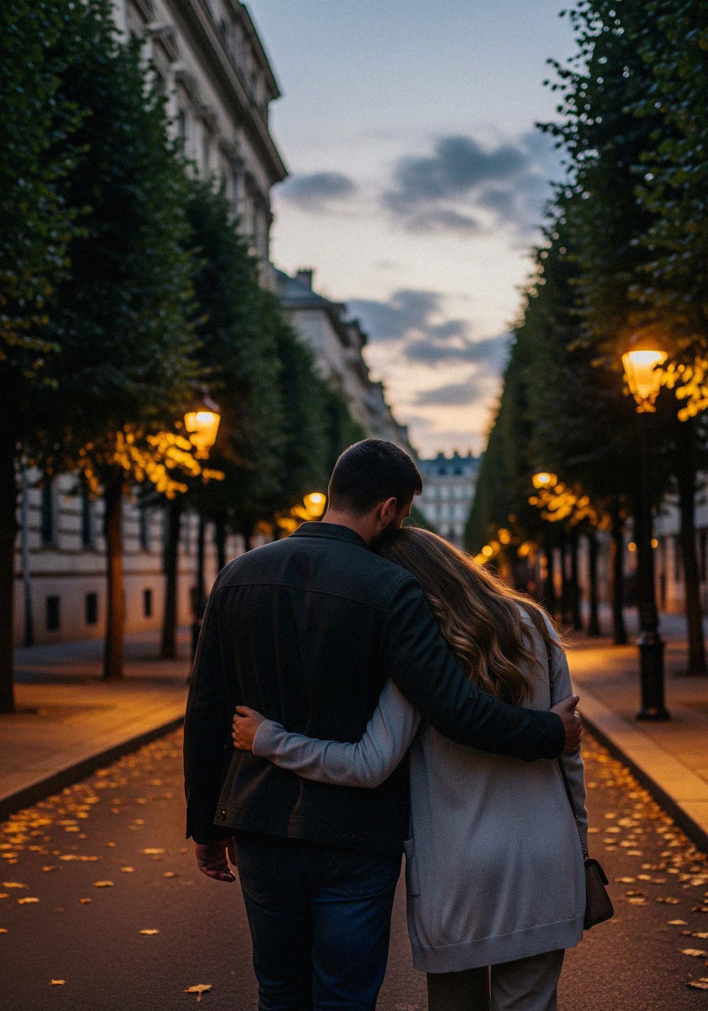 Una pareja caminando con una mujer apoyada en el hombro del hombre enamorada.