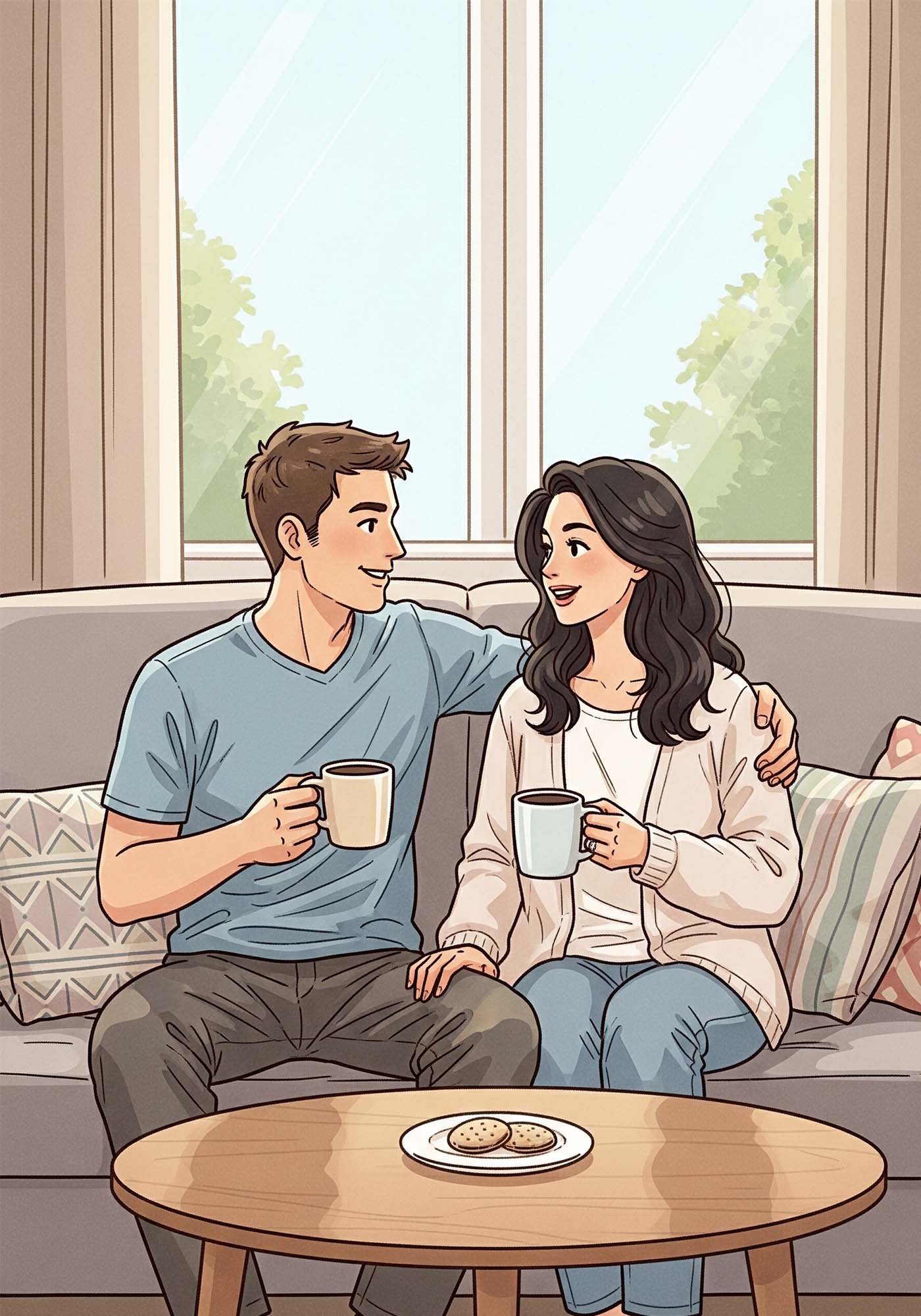 Una pareja tomando café mientras hablan de sexo.