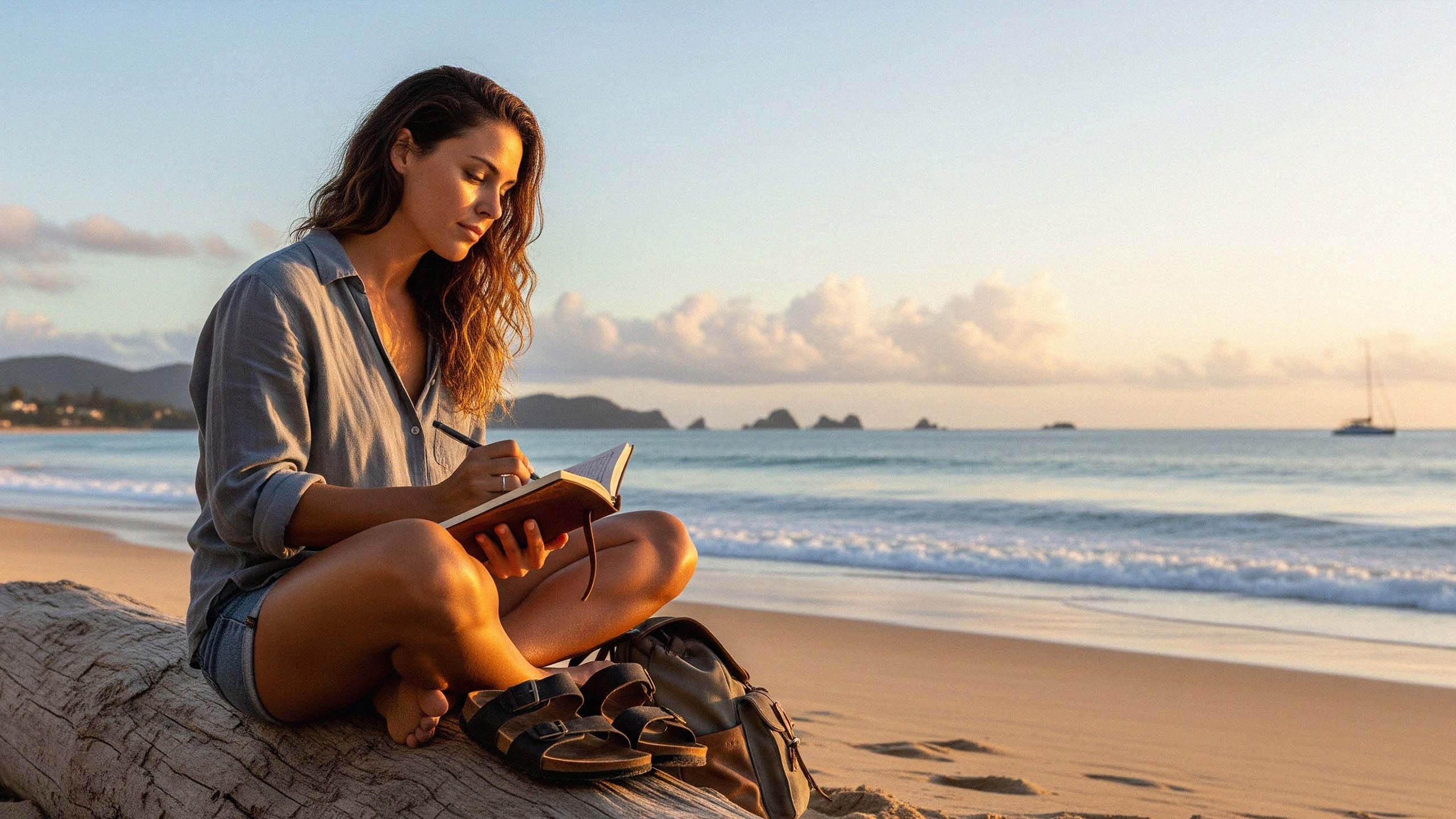 Diario de viajero al aire libre en la playa