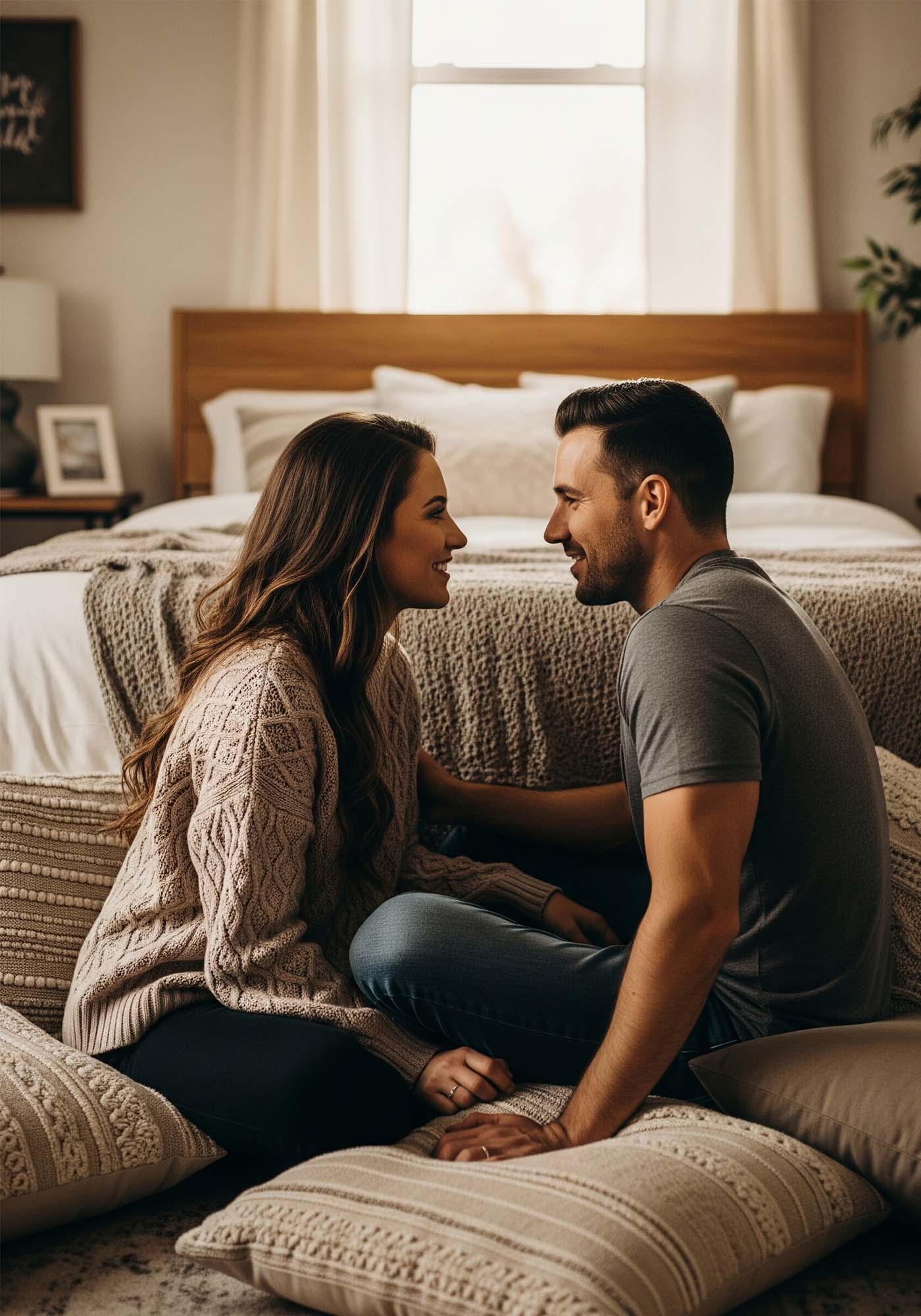 Pareja practicando hábitos de comunicación diarios en el dormitorio.