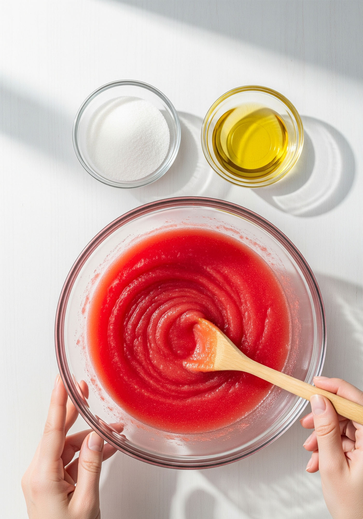 Mezcla de azúcar, sandía y aceite para crear un exfoliante de belleza.