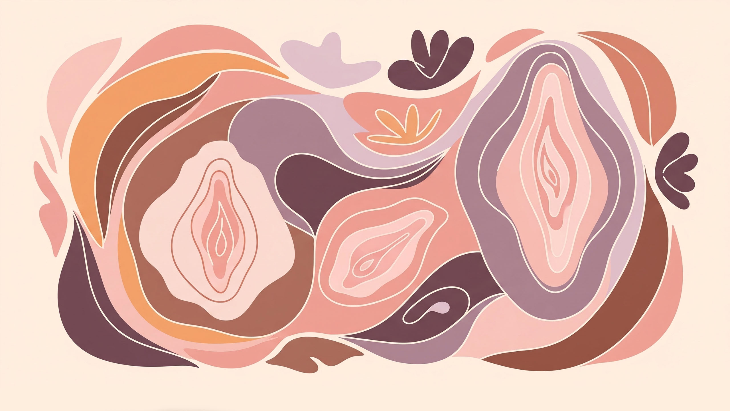 Alt: Una ilustraci&oacute;n abstracta que presenta representaciones estilizadas de diversas formas de vulva, representadas con suaves curvas y p&eacute;talos superpuestos en tonos suaves de rosa, morado y tierra.