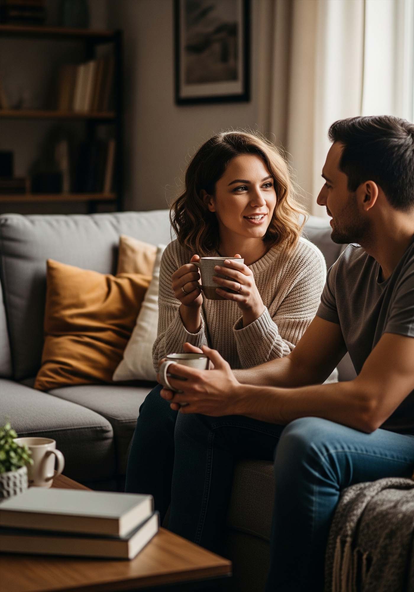 Couple assis sur un canapé discutant calmement et avec bienveillance