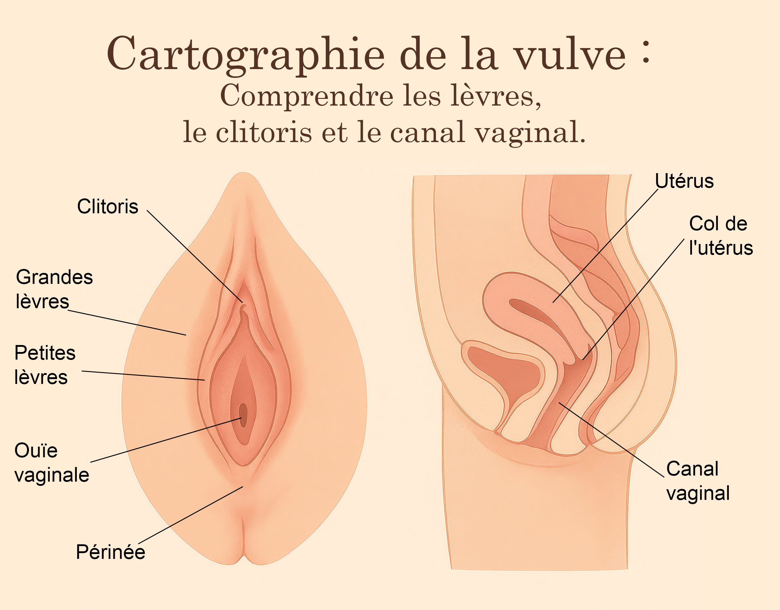 Illustration anatomique annotée montrant la vulve externe, incluant les lèvres et le clitoris, ainsi qu'une coupe transversale du canal vaginal interne et de l'utérus, conçue pour présenter l'anatomie génitale féminine.
