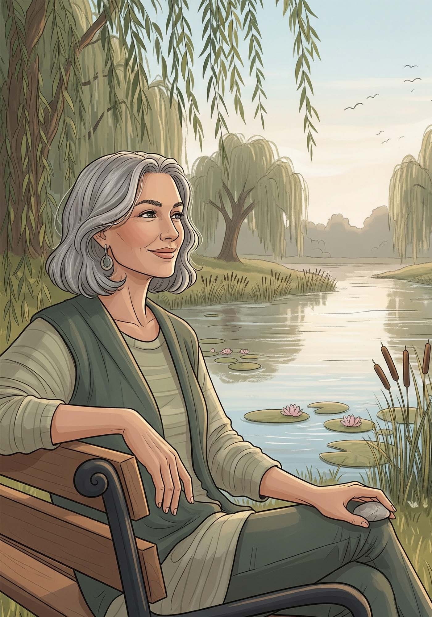 femme d'une cinquantaine d'années en plein air dans un parc avec un lagon avec une expression calme