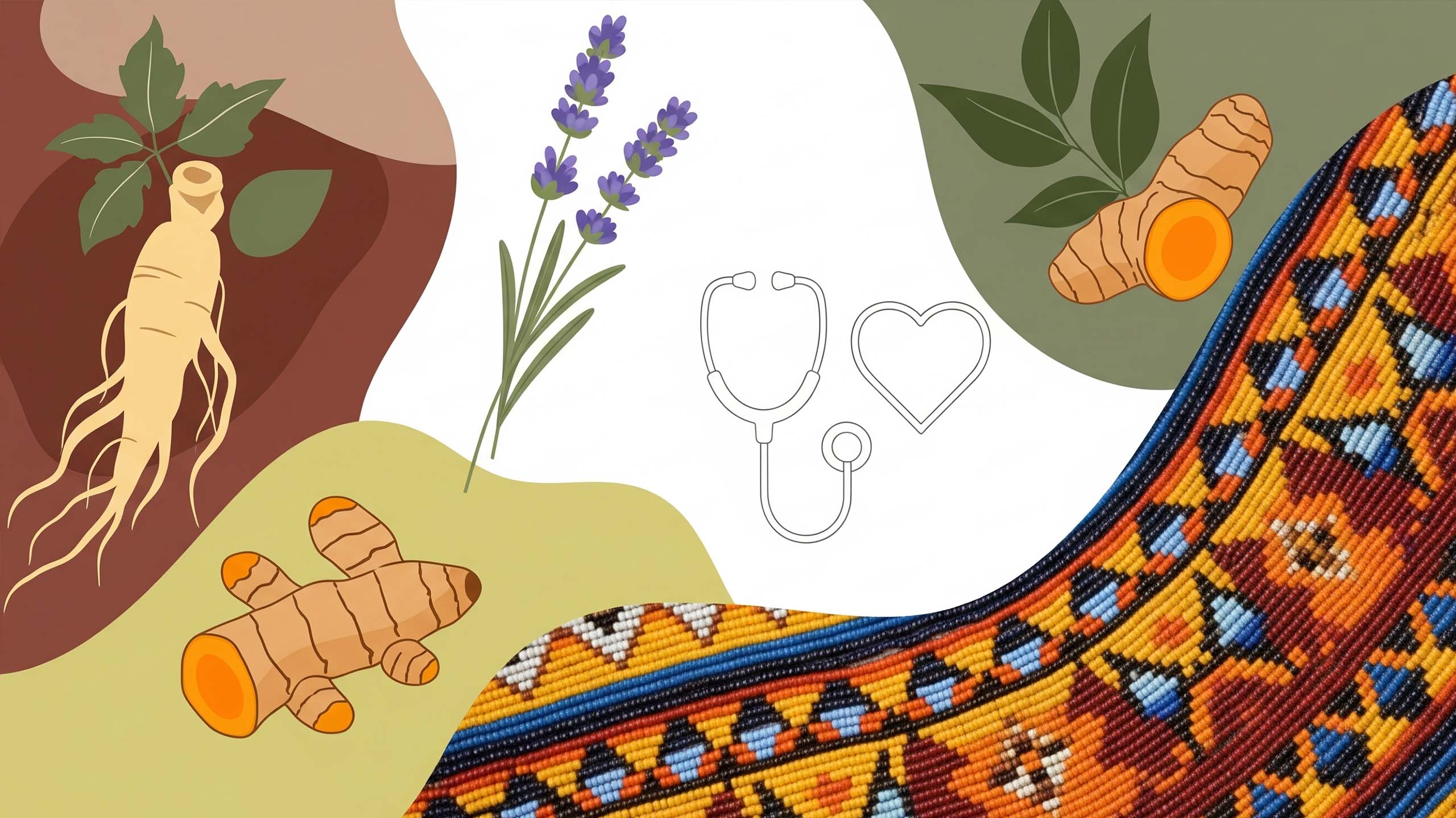 Une collection d'objets repr&eacute;sentant diff&eacute;rentes approches culturelles de la sant&eacute;, tels que des herbes, un r&eacute;cipient perl&eacute; traditionnel et un diagramme m&eacute;dical moderne.