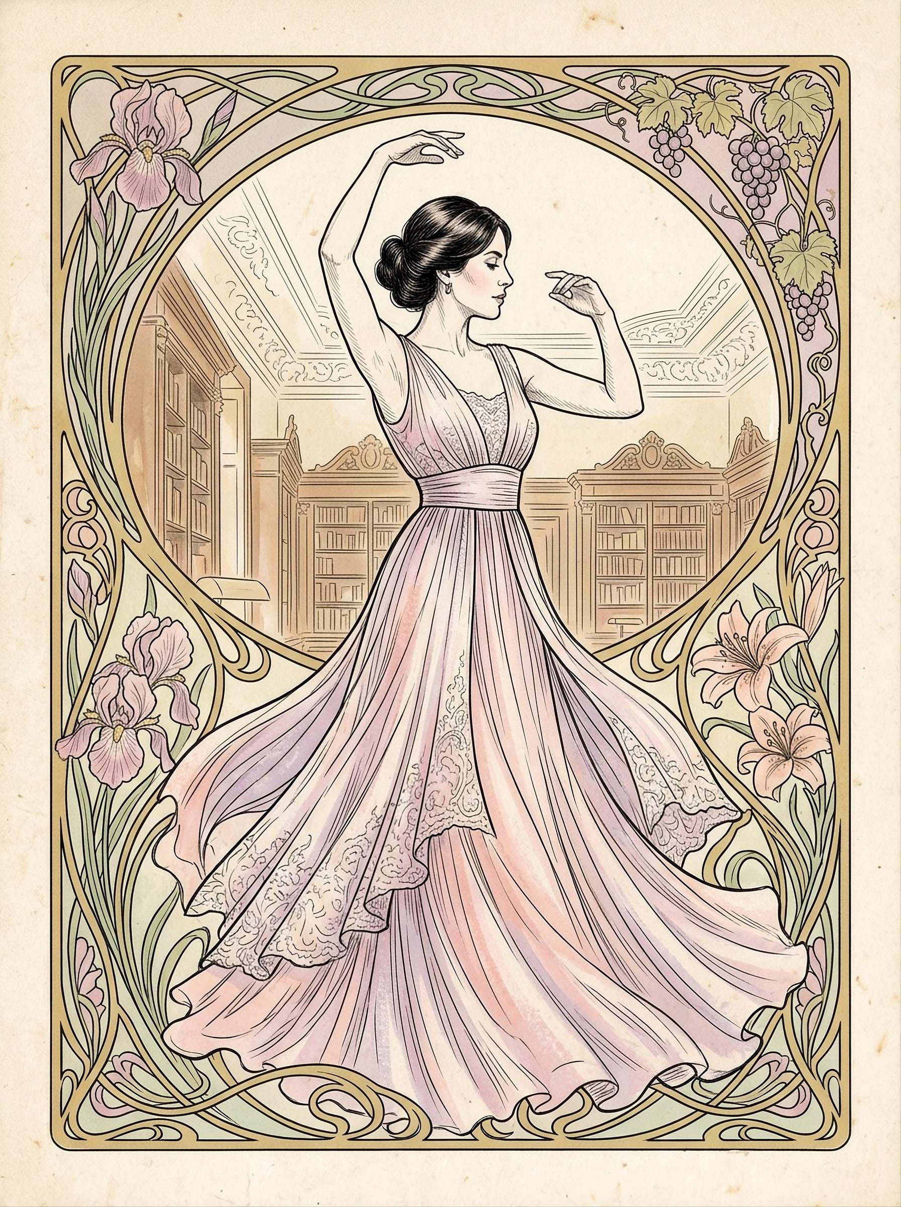 Ilustración al estilo de un anuncio de revista de moda de 1915 que muestra a una mujer con un vestido de noche sin mangas y con los brazos levantados
