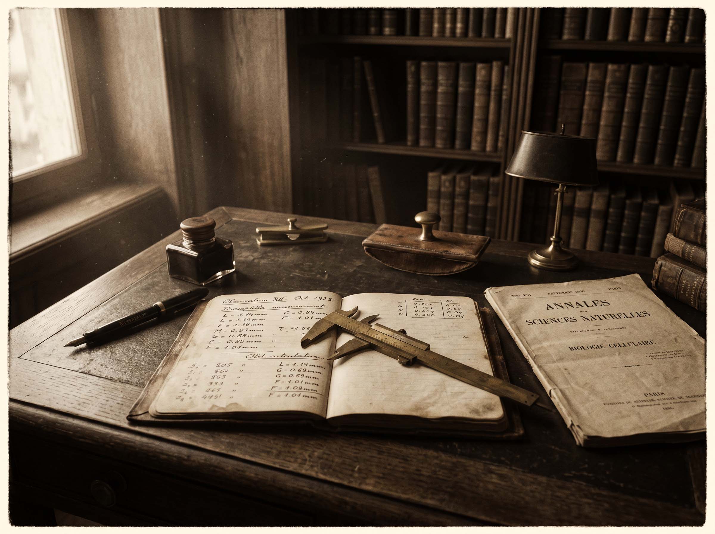 A 1920s study desk with brass calipers, an open notebook of measurements and a fountain pen, representing early anatomical research on female anatomy