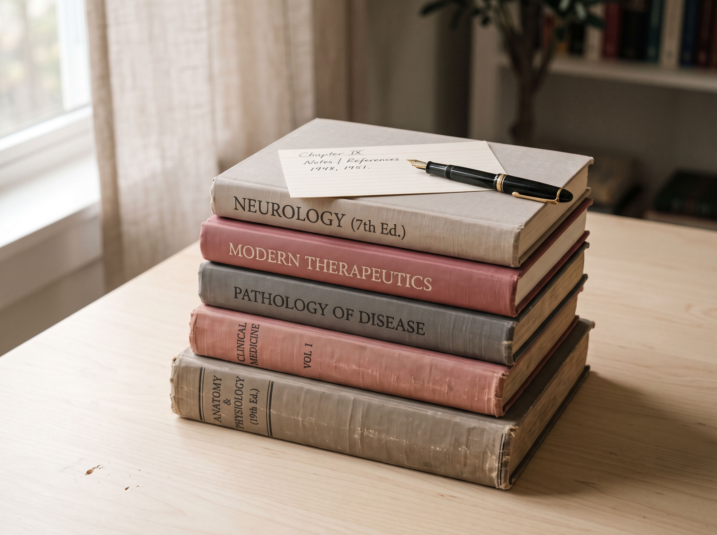 A stack of anatomy textbook editions from different decades on a desk beside reading glasses and an archival index card