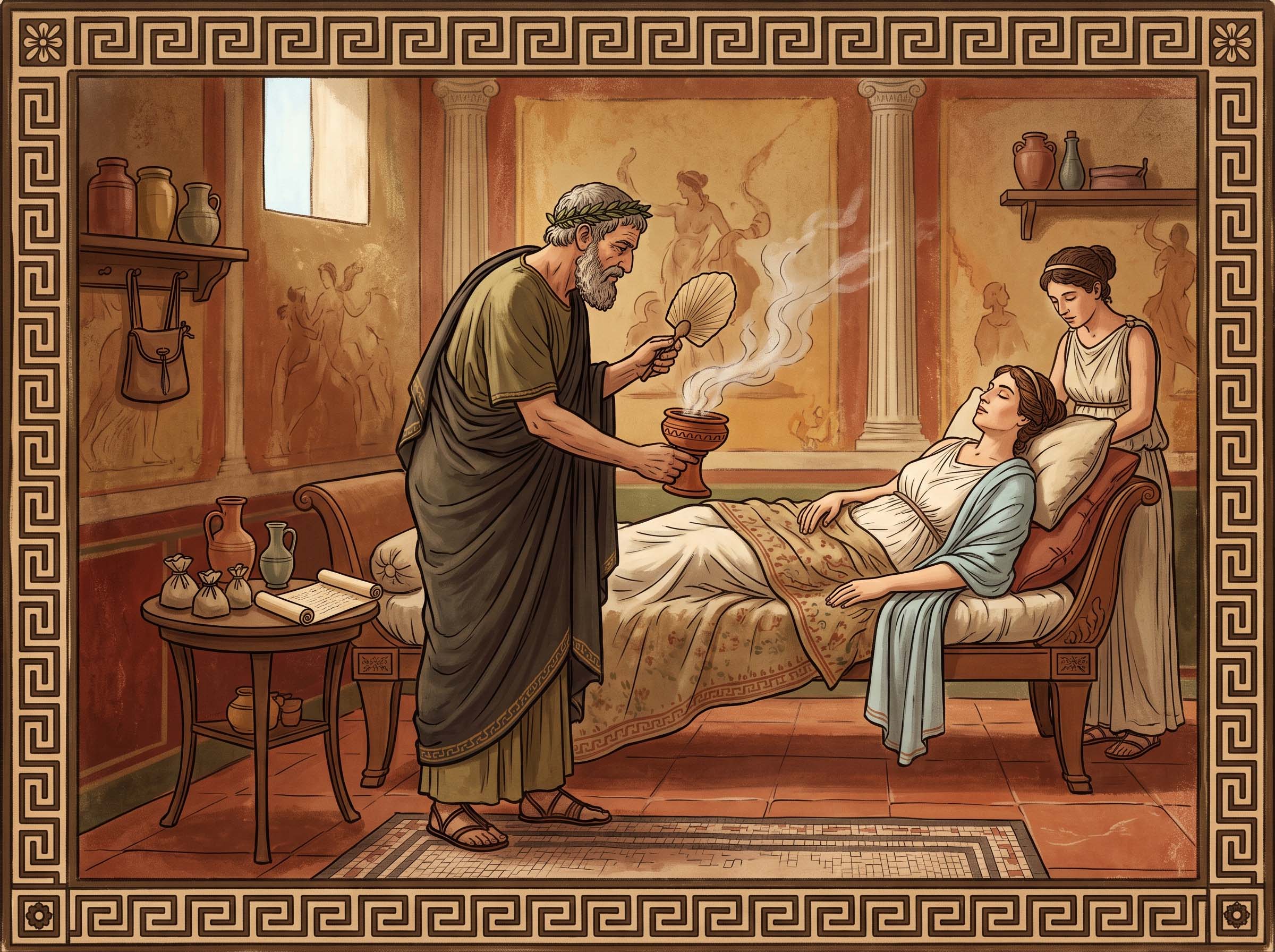 Illustration of an ancient Greek physician performing aromatic fumigation therapy on a reclining woman patient