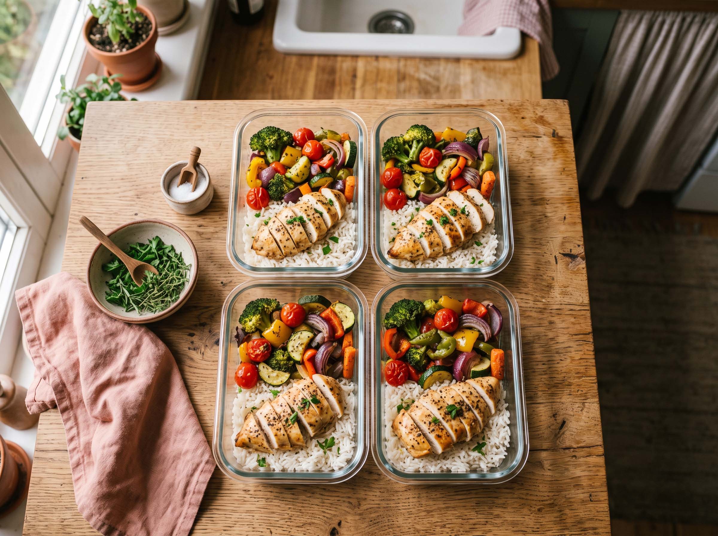 Glass meal-prep containers filled with rice, roasted vegetables and chicken arranged on a warm wooden kitchen counter