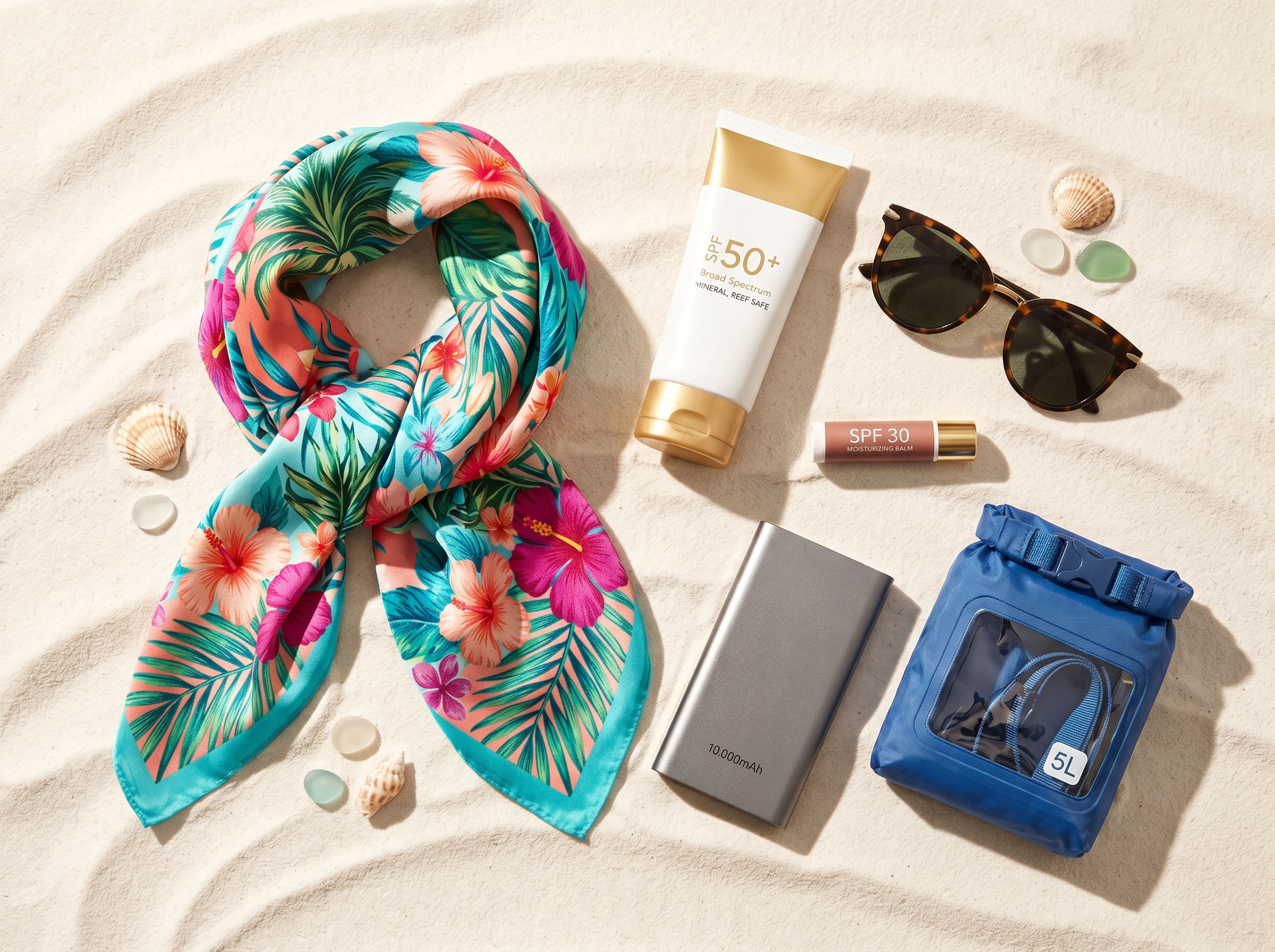 Flatlay of beach bag essentials including sunscreen, lip balm, dry bag, and a colourful sarong on sand