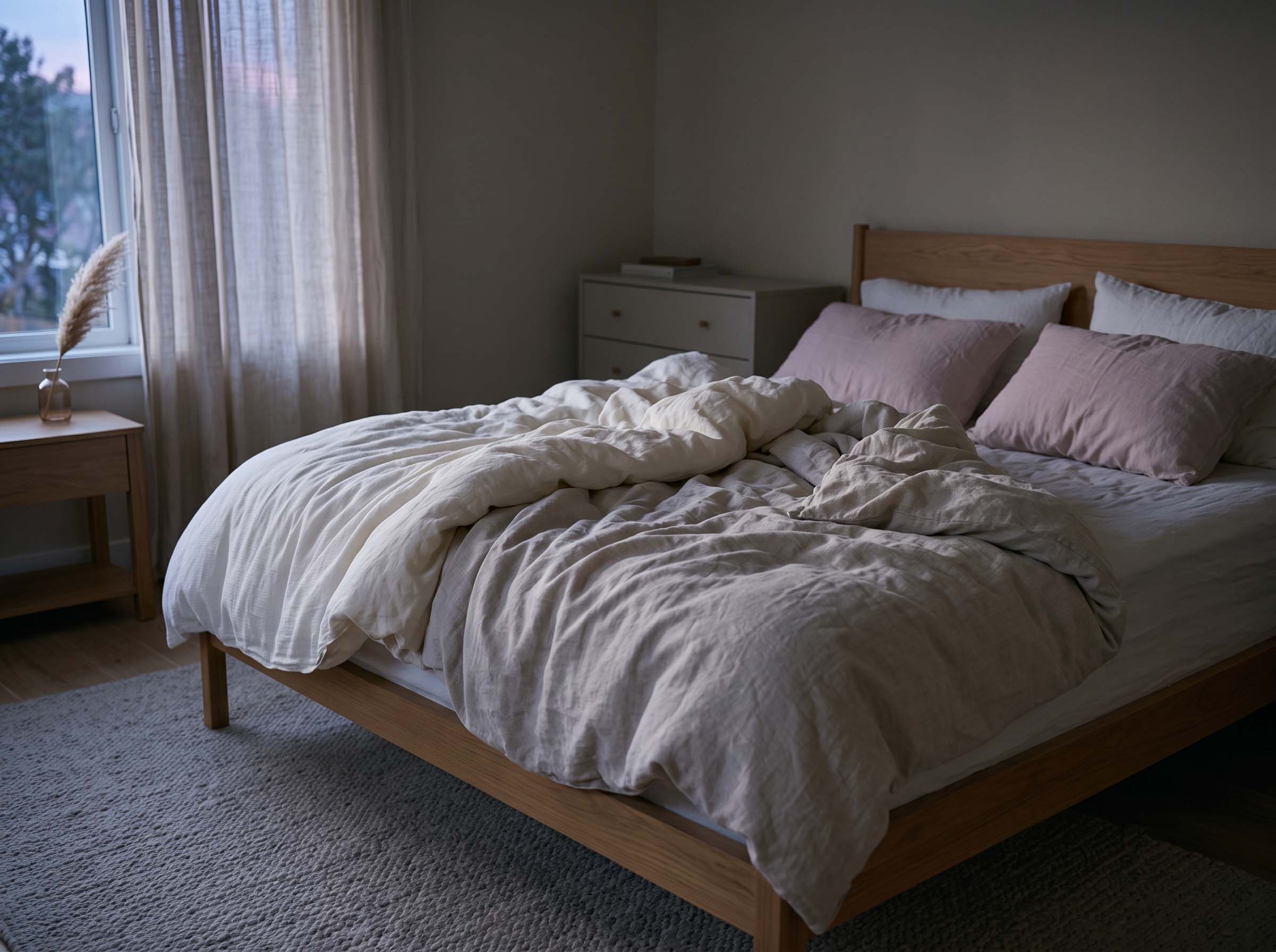 Rumpled white bedding at dawn with two separate duvets on a shared bed