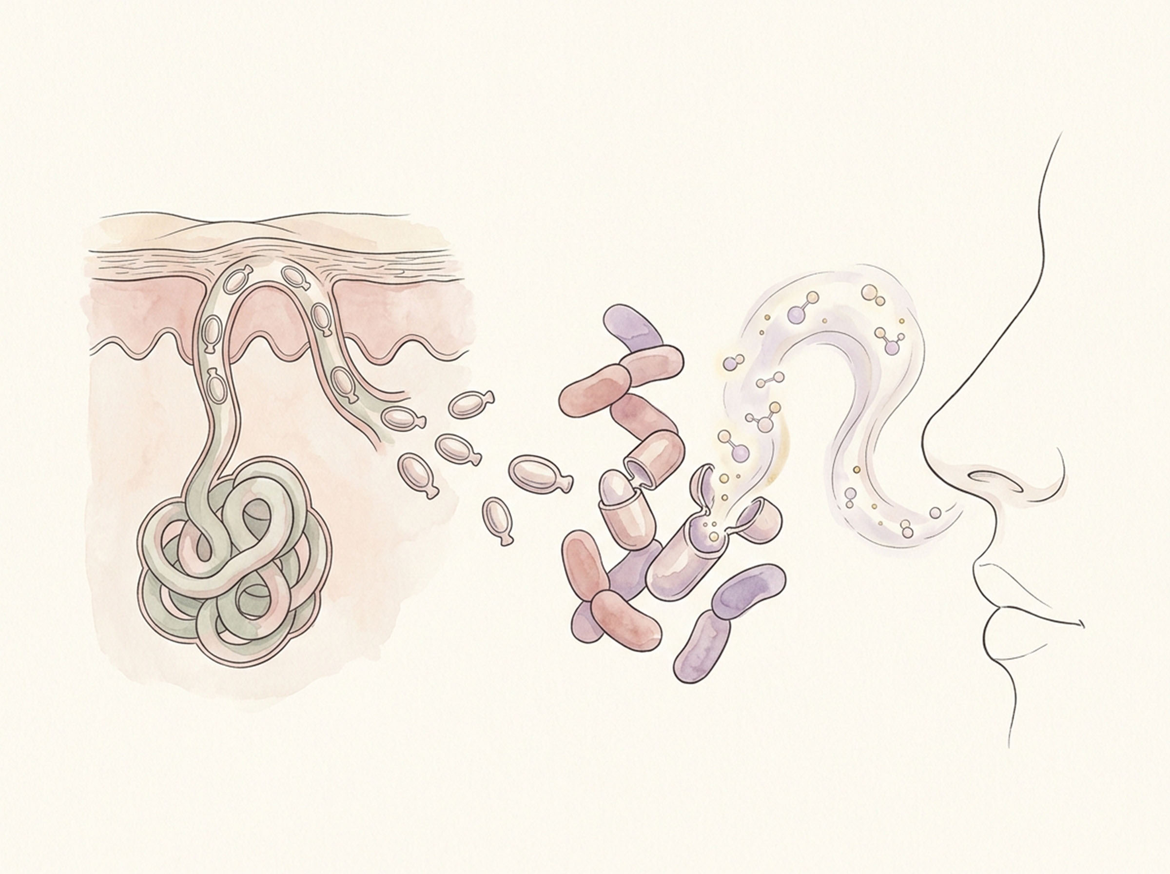 Diagrama ilustrado que muestra cómo la secreción apocrina inodora es convertida por las bacterias de la piel en moléculas de aroma volátiles que llegan a la nariz