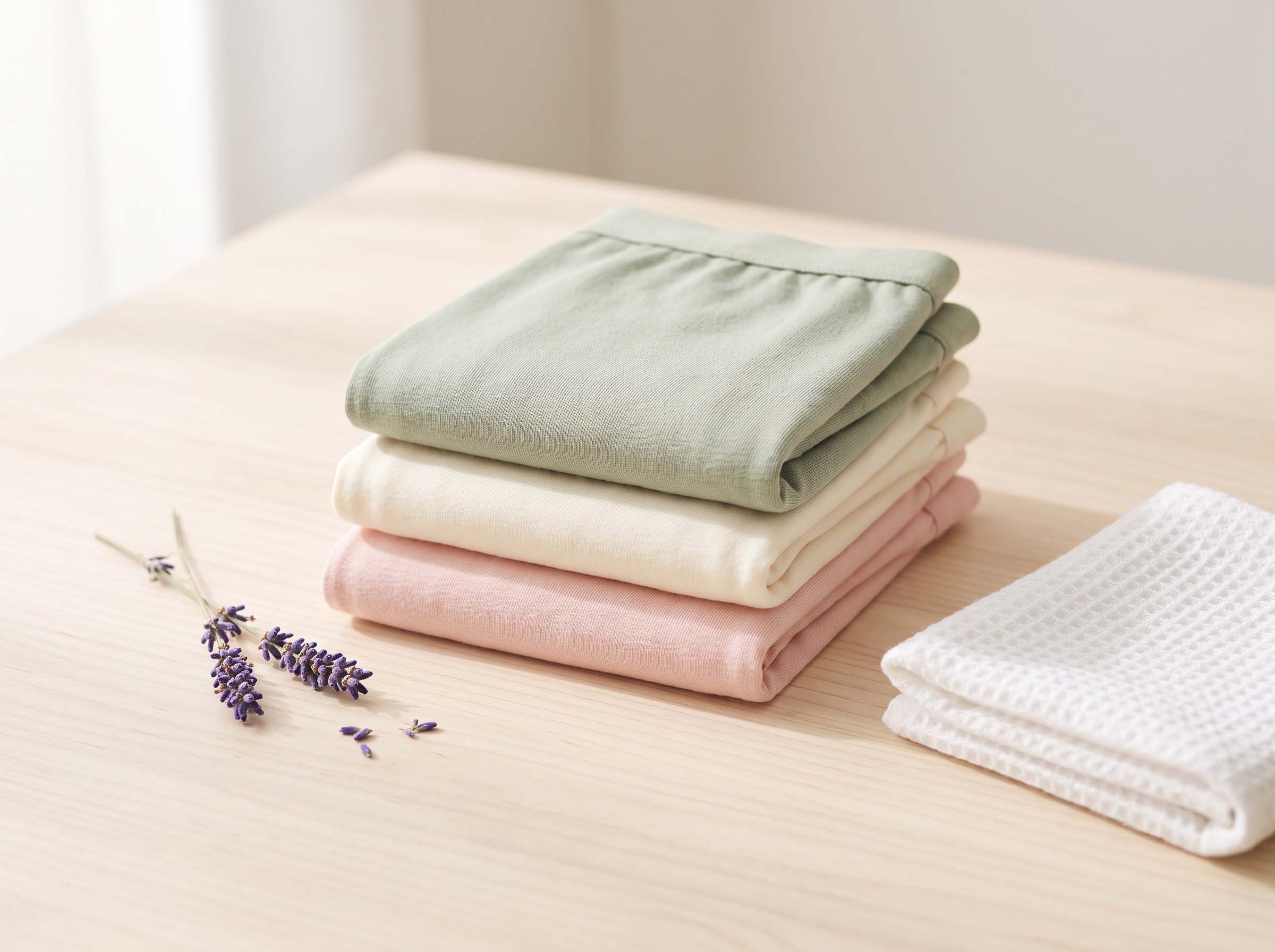 Neatly folded breathable cotton underwear in soft pastel tones, representing friction-reducing choices for intimate skin comfort