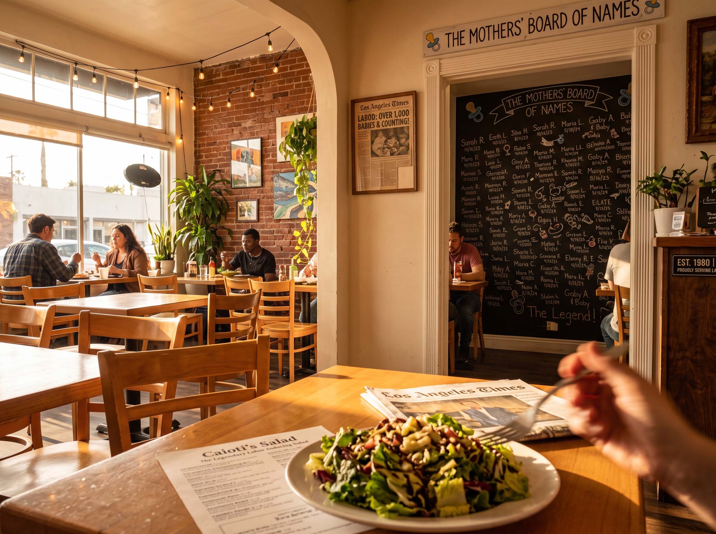 Warm interior of a small neighborhood cafe with a chalkboard wall of handwritten names representing the labor-inducing salad legend